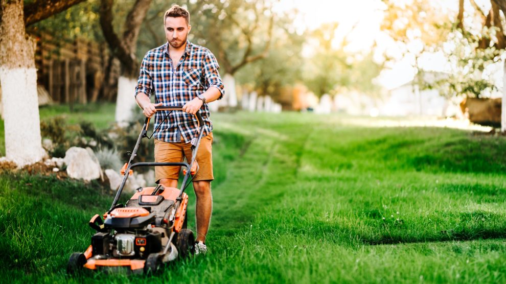 férfi füvet nyír a kertben hagyományos fűnyíróval