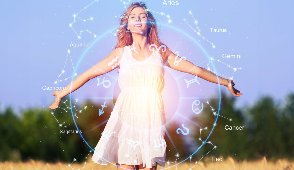 Nő a mezőn és a 12 csillagjegy