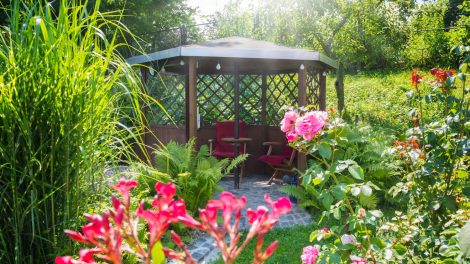 gyönyörű hátsókert szaletlivel leanderrel rózsákkal