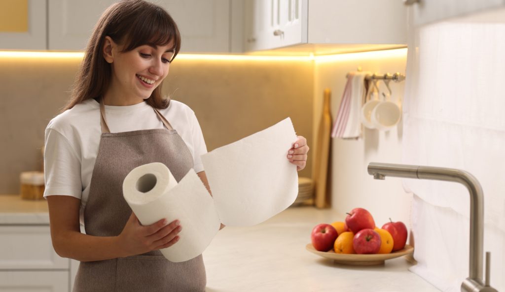 vidám fiatal szép nő papírtörlőt használ a konyhában