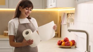 vidám fiatal szép nő papírtörlőt használ a konyhában
