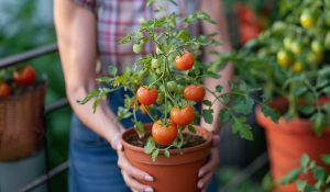 Kis balkonkertben nő kezében paradicsom palánta