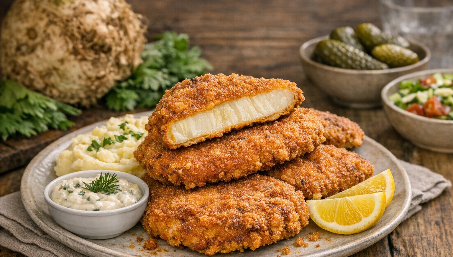 rántott zeller krumplipürével