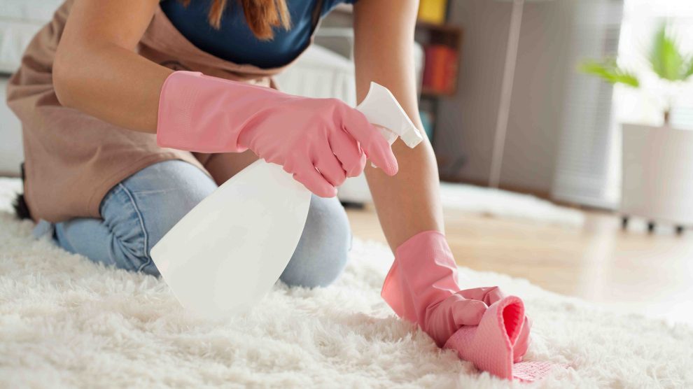 fiatal nő a szőnyeget takarítja