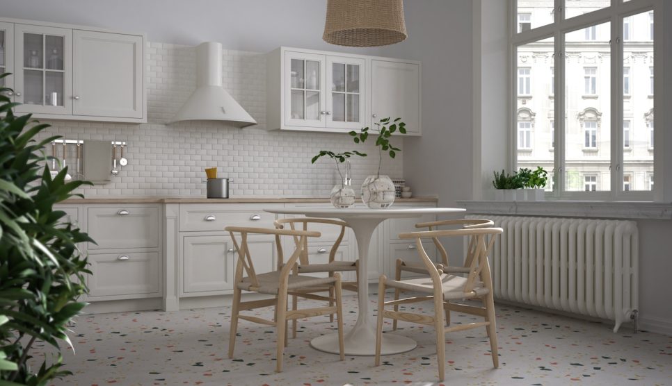 terrazzo világos burkolat modern konyháan enteriőr