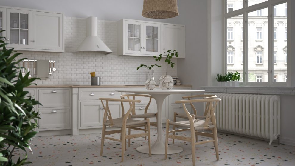 terrazzo világos burkolat modern konyháan enteriőr