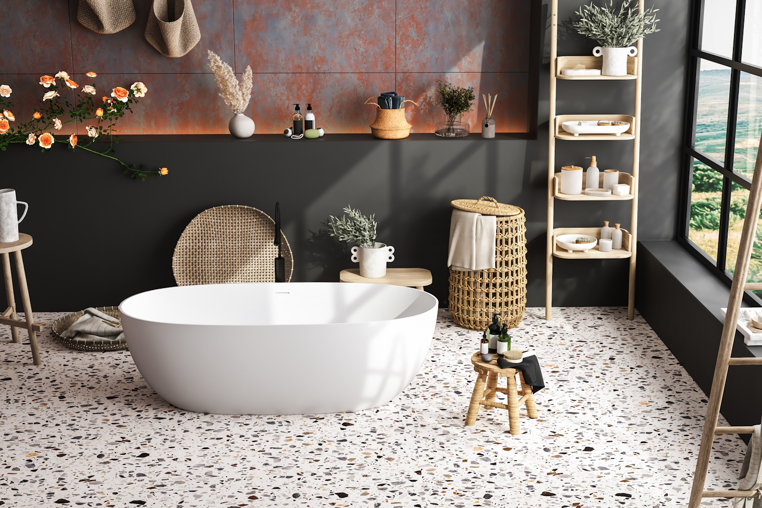 terrazzo burkolat fürdőszobában szép mondern enteriőr