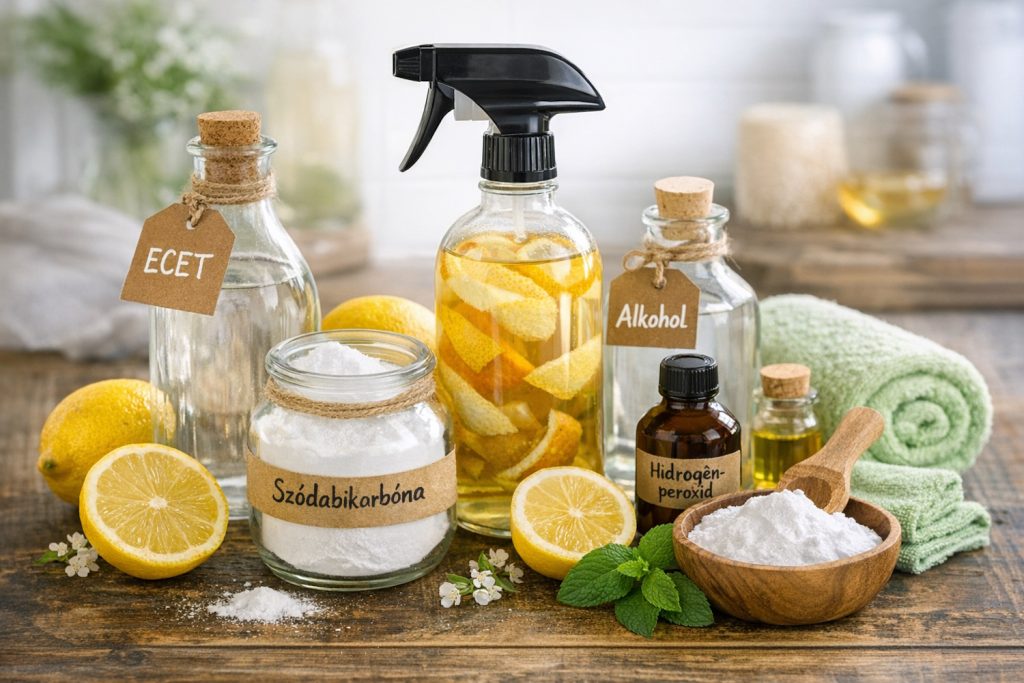 házi vegyszermentes tisztítószerek ecet szódabikarbóna alkohol citrom kasztíliai szappan