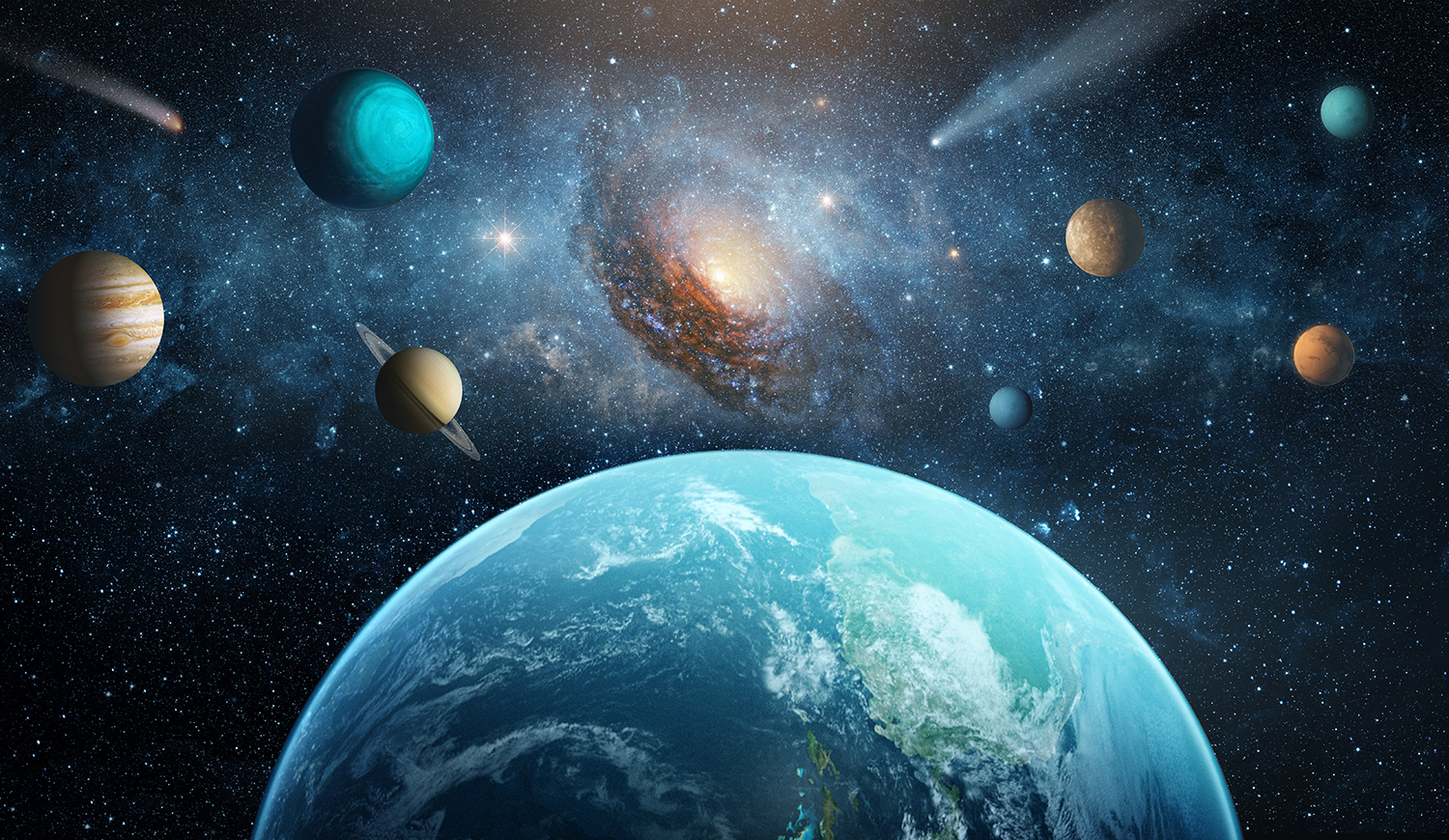 A Föld, a csillag, a galaxis és a Naprendszer látképe