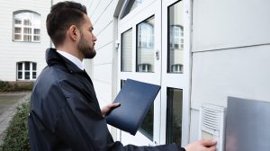 Férfi áll a ház bejáratánál és megnyomja a csengőt