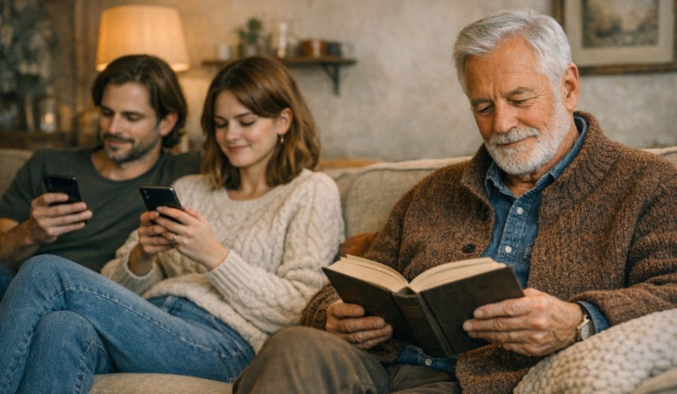 Egy fiatal pár telefonozik a kanapén, mellettük egy idős úr olvas