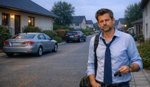 csalódott férfi megy haza munkából és nem talál parkolóhelyet a háza előtt