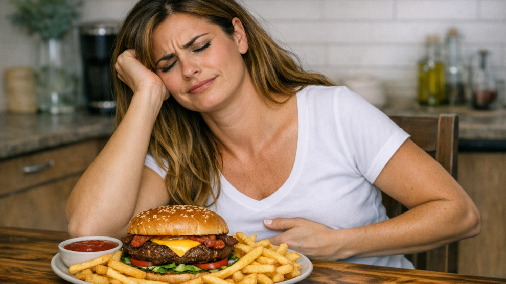 Egy lénynak fáj a hasa a sok zsíros ételtől