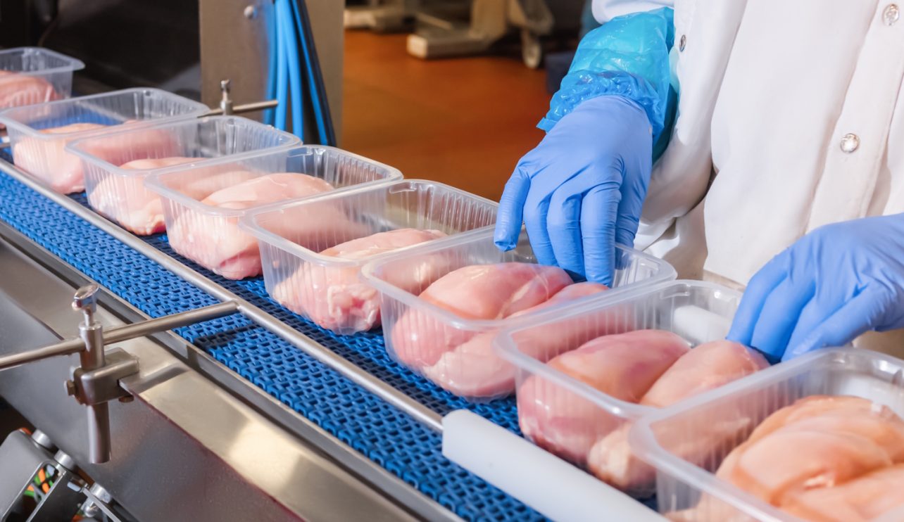 Chicken parts arranged in trays on a packaging conveyor