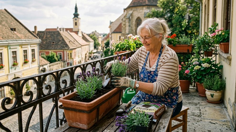 Erkélyen levendulát ültető idős nő