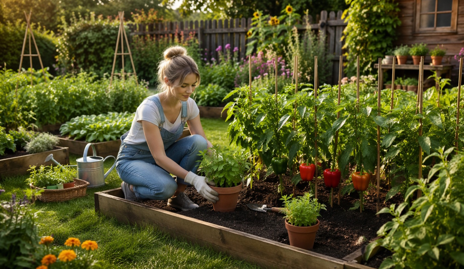 nő mentát ültet a paprika mellé a veteményesben