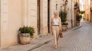 nagyon csinos elegáns divatos 60+-os nő sétál az utcán