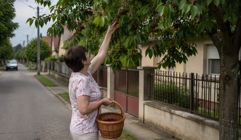 nő gyümölcsöt szed a háza előtt álló gyümölcsfáról