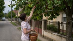 nő gyümölcsöt szed a háza előtt álló gyümölcsfáról