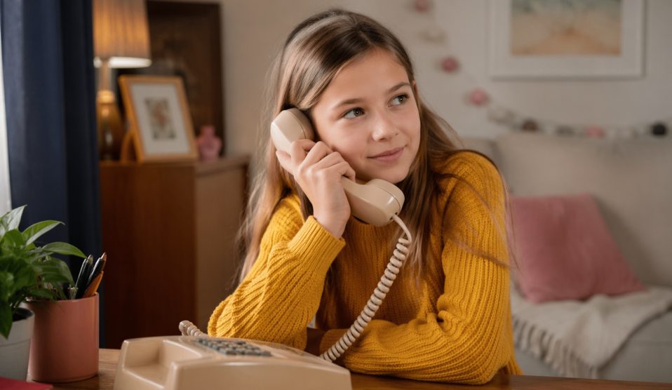 kislány vezetékes telefonon telefonál
