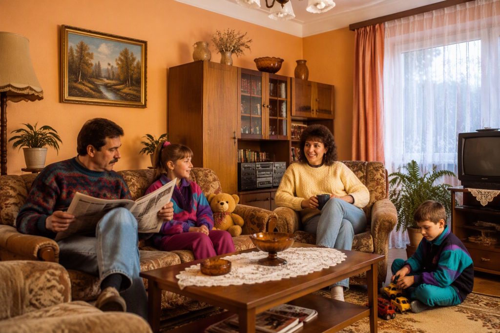 régi lakás 90-es évek hangulata család barack színű falú szobában