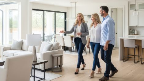 Egy ingatlanügynök egy modern otthont mutat egy fiatal párnak
