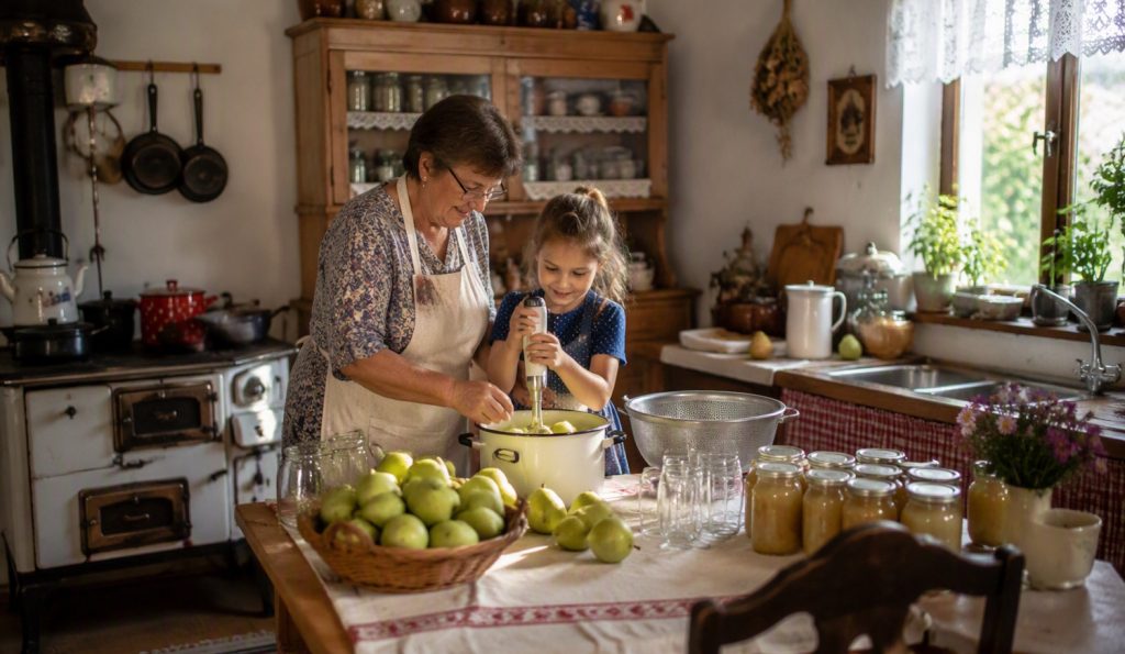 nagymama konyhában körtelevet készít a kisunokájával