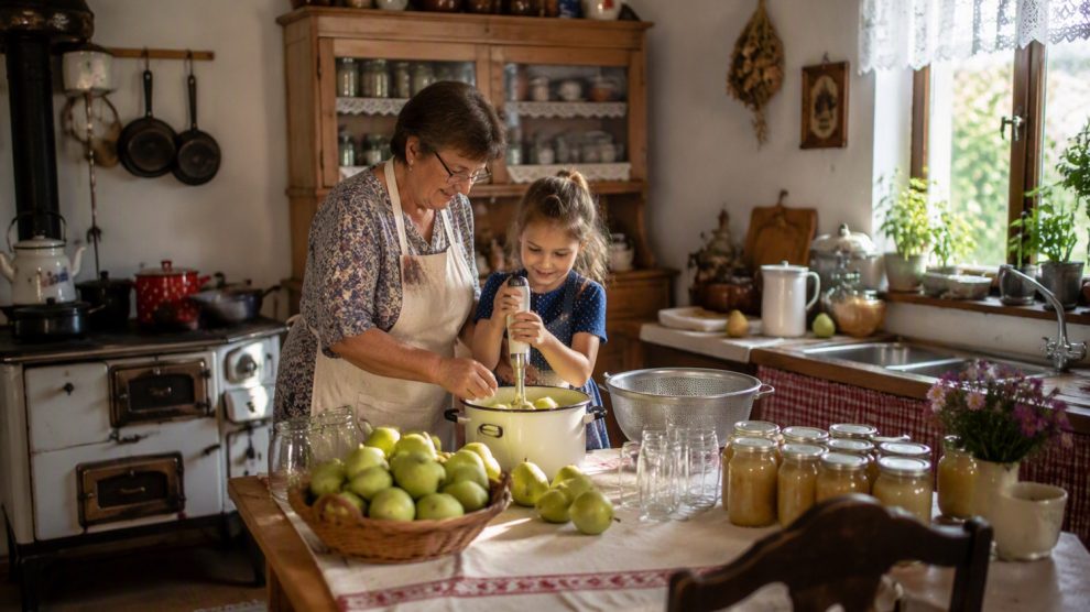 nagymama konyhában körtelevet készít a kisunokájával