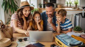 last minute utakat nézeget a laptopon egy család