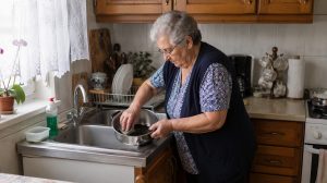nagymama koszos edényeket mosogat ráégett zsírtól