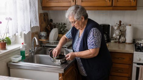 nagymama koszos edényeket mosogat ráégett zsírtól