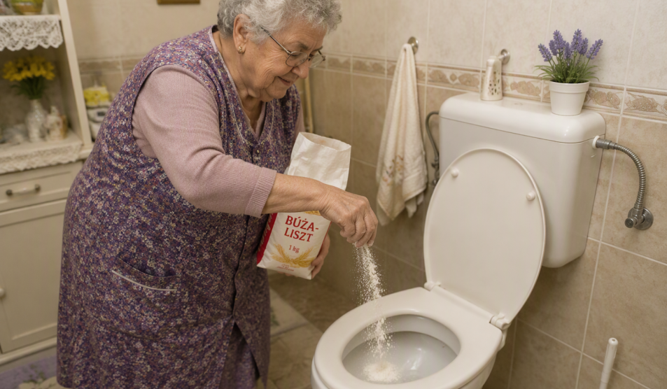 Nagymama lisztet szór a WC-be