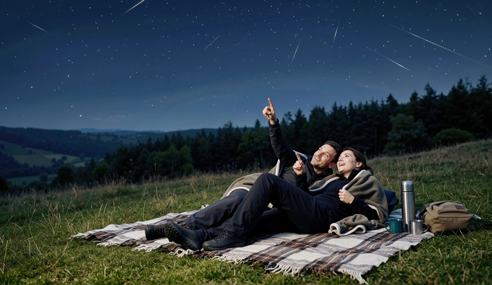 Misztikus augusztus | Meglepetés Egy fiatal pár egy kockás takarón fekszik egy füves domboldalon éjszaka, és a Perseidák meteorraj alatt figyelik a csillagokat.