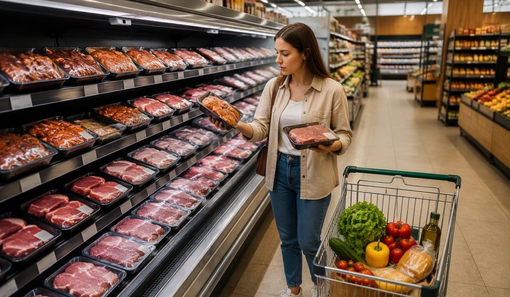 pacolt hus | Meglepetés pácolt és friss húsok között válogat egy nő a boltban