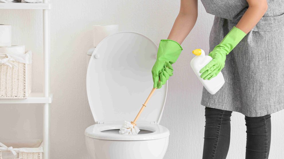 Nő takarítja a wc-t