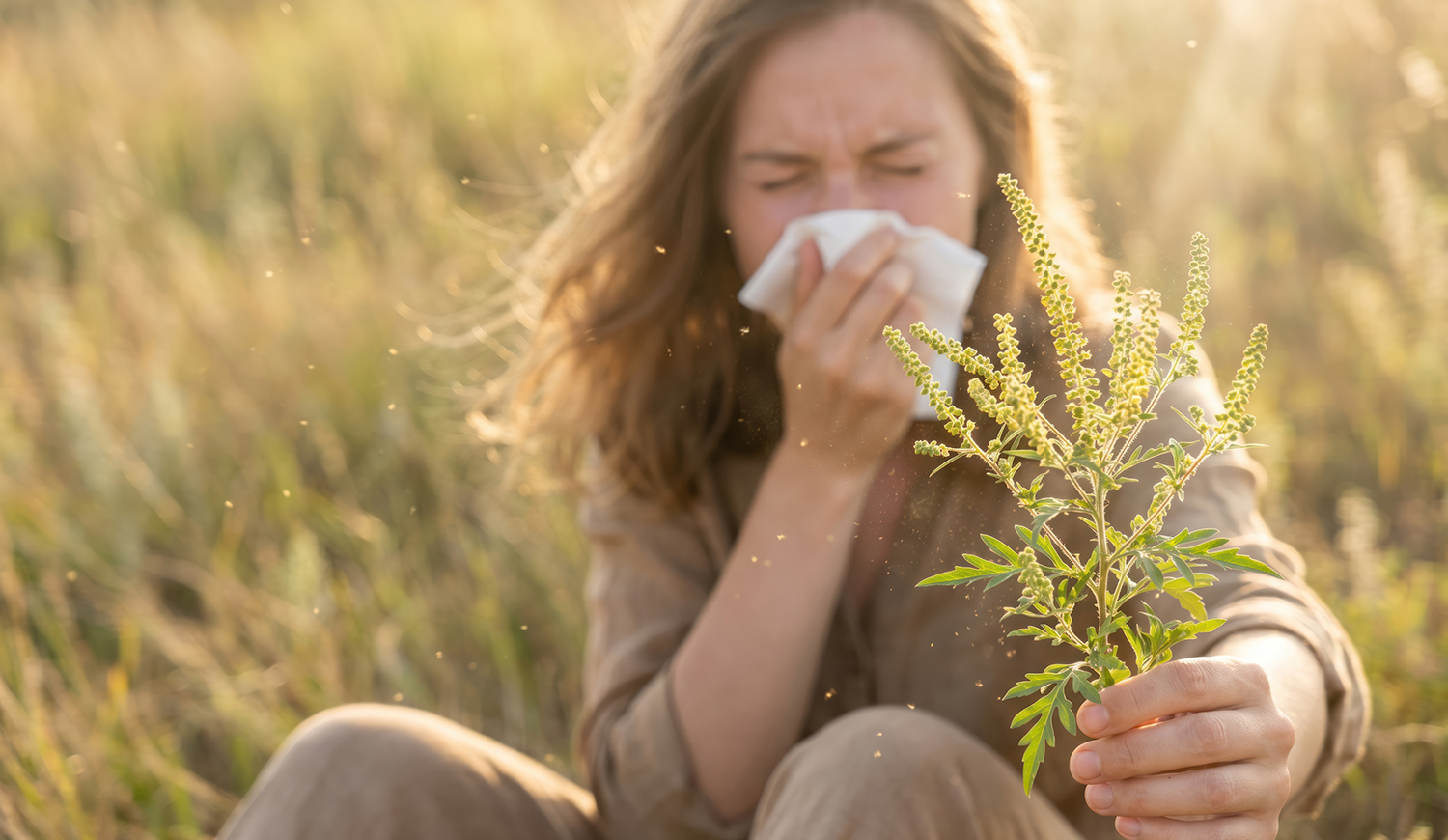 Parlagfüvet tartó allergiás nő ül a mezőn