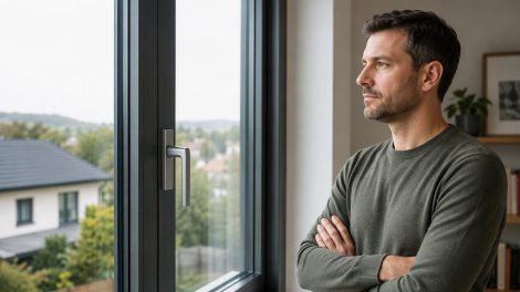 aluminium ablakkeretes ablakon néz ki egy jóképű férfi a családi házából