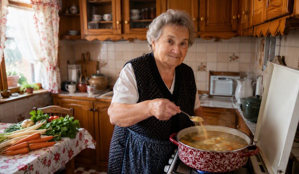 nagymama vegetát szór a húslevesbe