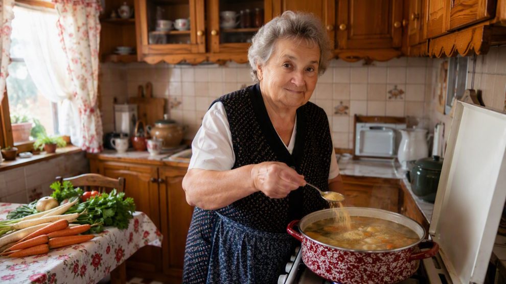 nagymama vegetát szór a húslevesbe