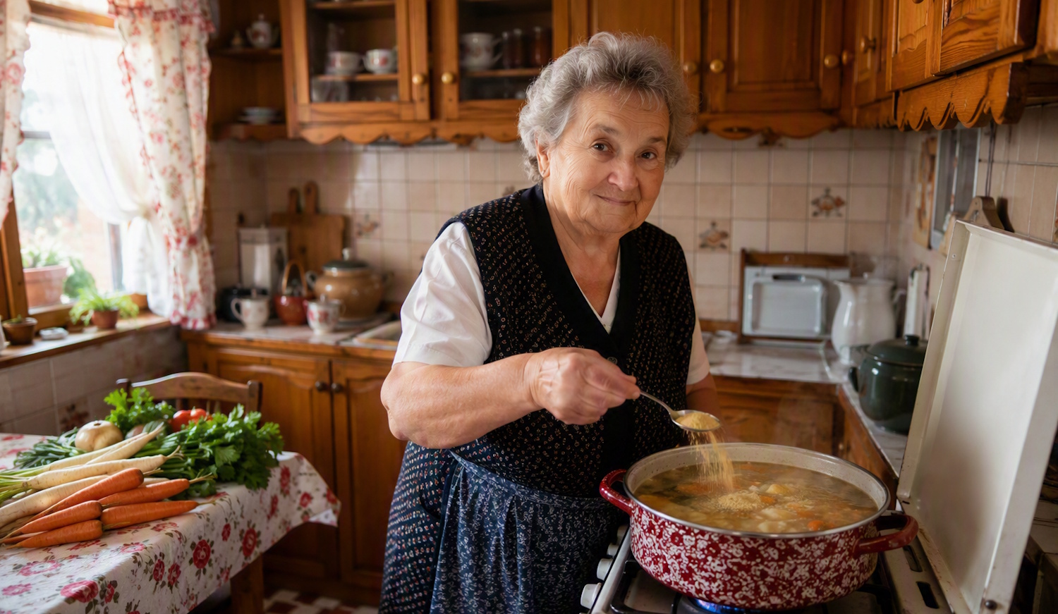 nagymama vegetát szór a húslevesbe