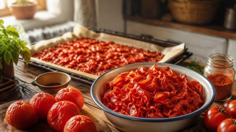házi paradicsompor készül szárított paradicsomhéjakból befőzés után