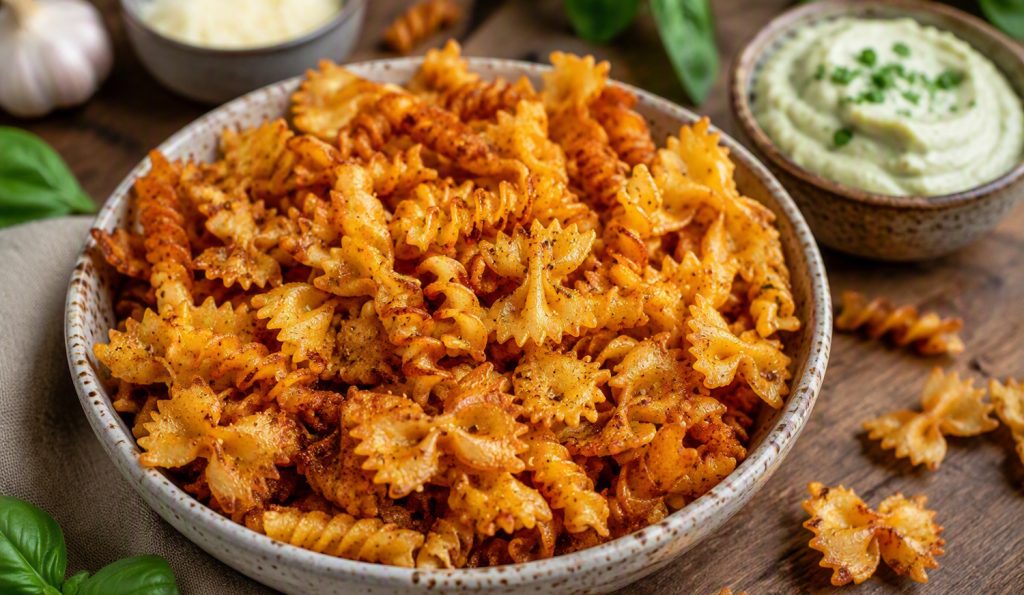 sült fűszeres tésztachips tálban mártogatóssal