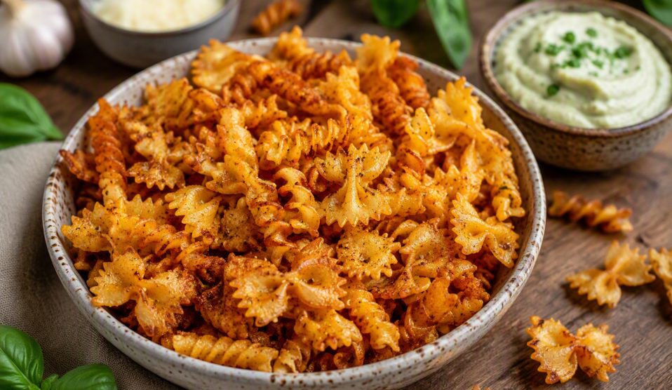sült fűszeres tésztachips tálban mártogatóssal