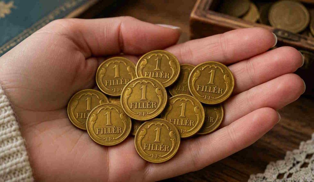 Nő kezében régi egyfilléresek