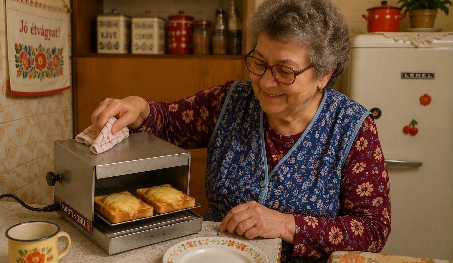 Nagymama melegszendvicset süt a Party-grillben