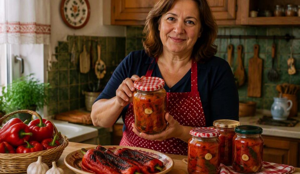 idős nő sült paprikát tart üvegben