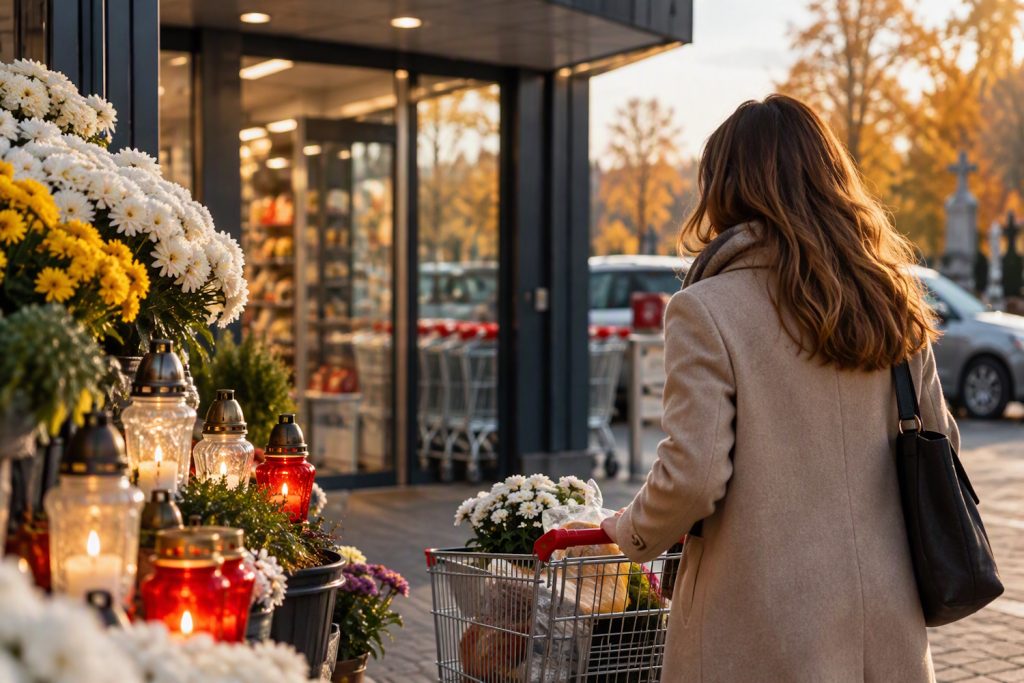 boltzar | Meglepetés Egy vásárló bevásárlókocsival érkezik egy üzlet bejáratához, mellette krizantémok és égő mécsesek sorakoznak. Az őszi környezet a mindenszenteki bevásárlást és a november 1-jei ünnepi nyitvatartást idézi.