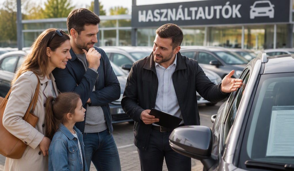 család használt autót néz a használtautó kereskedésben