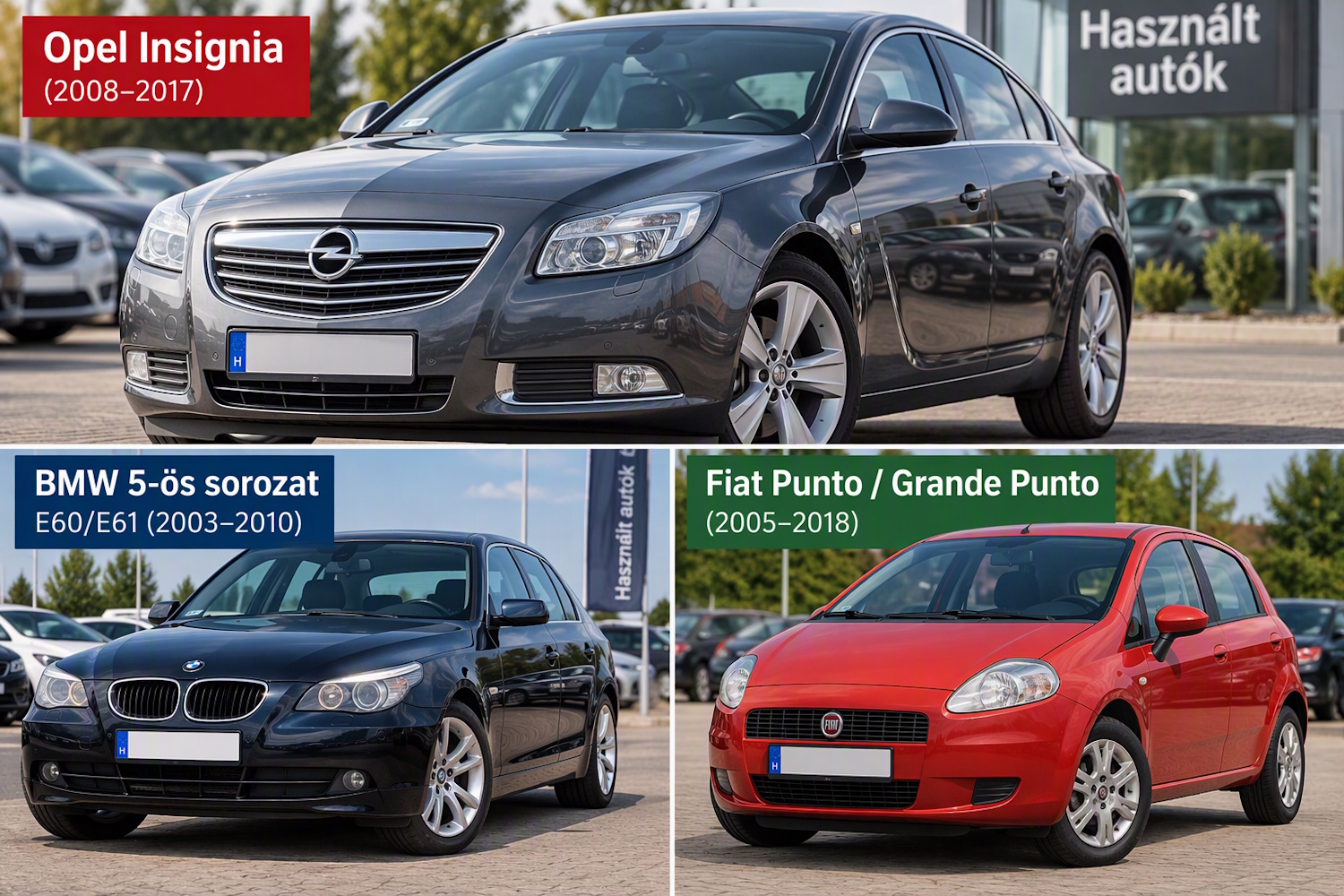 Használtautó-kereskedésben látható az Opel Insignia, a BMW 5-ös sorozat E60/E61 és a Fiat Punto, illetve Grande Punto. A három modell használt autó vásárlásakor fokozott körültekintést igényelhet.