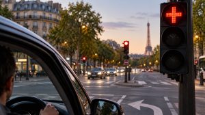 Egy autós egy párizsi kereszteződésben találkozik a különleges, világító piros kereszt jelzéssel. A francia közlekedési lámpa a balra kanyarodóknak ad fontos információt a szemből érkező forgalomról.